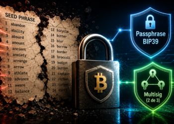 Una frase semilla escrita en un papiro roto; al lado, un candado con el logo de Bitcoin y dos derivaciones extra de seguridad: Passphrase BIP39 y Multisig (2 de 3)