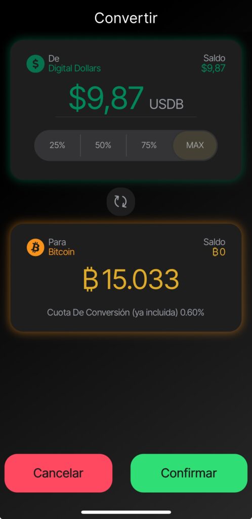 Interfaz de conversión de BTC a la stablecoin USDB de Wallet of Satoshi.