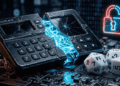 Imagen fotorrealista de una billetera de hardware Coldcard de color negro con pantalla y teclado, fracturada en su centro. De la grieta emerge un haz de luz azul neón que se ramifica como una red neuronal. Sobre la superficie del circuito, varios dados blancos de juego permanecen intactos, mostrando caras con los números cinco y seis. Al fondo, un candado digital abierto cuelga desenfocado sobre un fondo de código binario verde. Sin texto ni logotipos. Iluminación dramática, tono tecnológico y de alerta.