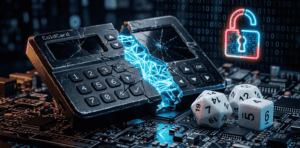 Imagen fotorrealista de una billetera de hardware Coldcard de color negro con pantalla y teclado, fracturada en su centro. De la grieta emerge un haz de luz azul neón que se ramifica como una red neuronal. Sobre la superficie del circuito, varios dados blancos de juego permanecen intactos, mostrando caras con los números cinco y seis. Al fondo, un candado digital abierto cuelga desenfocado sobre un fondo de código binario verde. Sin texto ni logotipos. Iluminación dramática, tono tecnológico y de alerta.