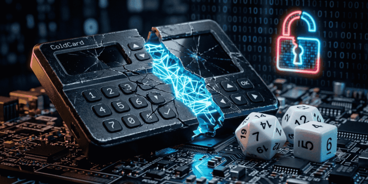 Imagen fotorrealista de una billetera de hardware Coldcard de color negro con pantalla y teclado, fracturada en su centro. De la grieta emerge un haz de luz azul neón que se ramifica como una red neuronal. Sobre la superficie del circuito, varios dados blancos de juego permanecen intactos, mostrando caras con los números cinco y seis. Al fondo, un candado digital abierto cuelga desenfocado sobre un fondo de código binario verde. Sin texto ni logotipos. Iluminación dramática, tono tecnológico y de alerta.
