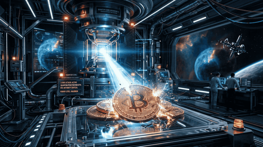 Monedas de BTC siendo atacadas por una computadora cuántica.