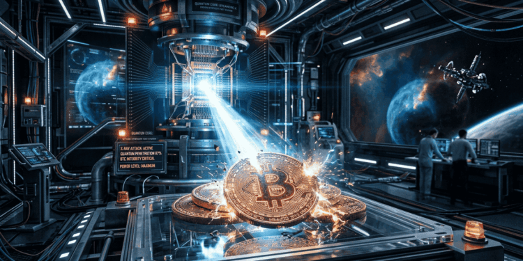 Monedas de BTC siendo atacadas por una computadora cuántica.
