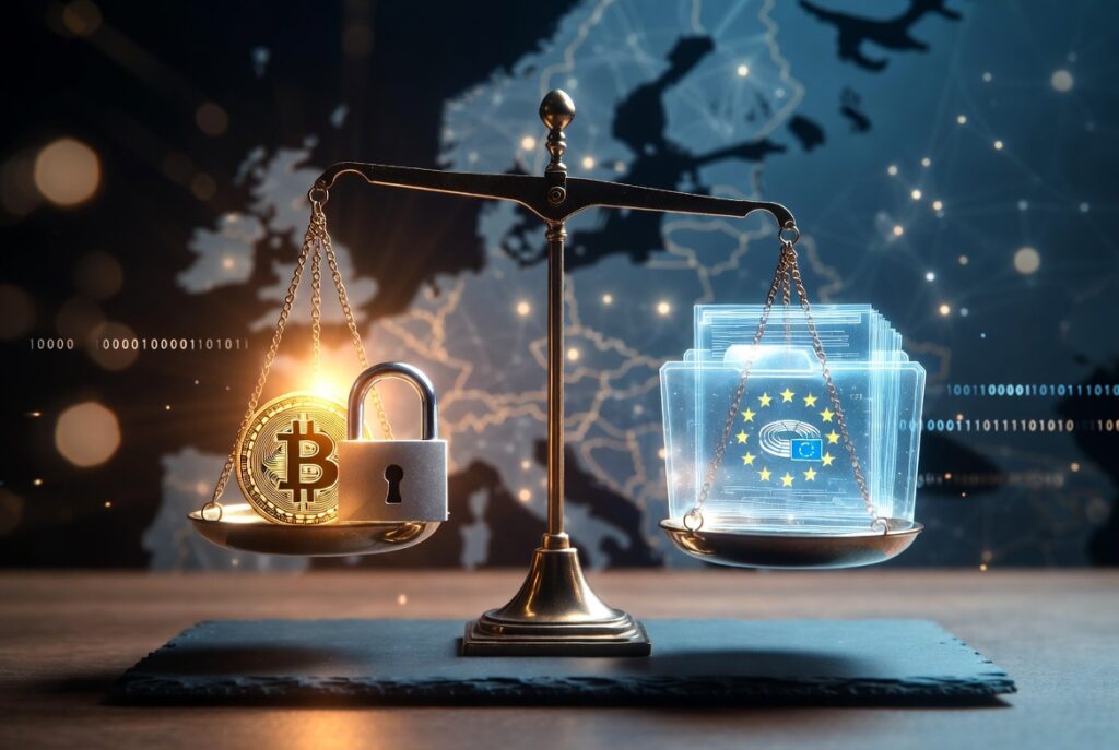Ilustración conceptual de estilo realista y cinematográfico con una balanza moderna de la justicia sobre una mesa de pizarra oscura. En el platillo izquierdo, una moneda física dorada de Bitcoin brilla junto a un candado de metal detallado bajo una luz dorada y cálida.