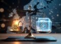 Ilustración conceptual de estilo realista y cinematográfico con una balanza moderna de la justicia sobre una mesa de pizarra oscura. En el platillo izquierdo, una moneda física dorada de Bitcoin brilla junto a un candado de metal detallado bajo una luz dorada y cálida.
