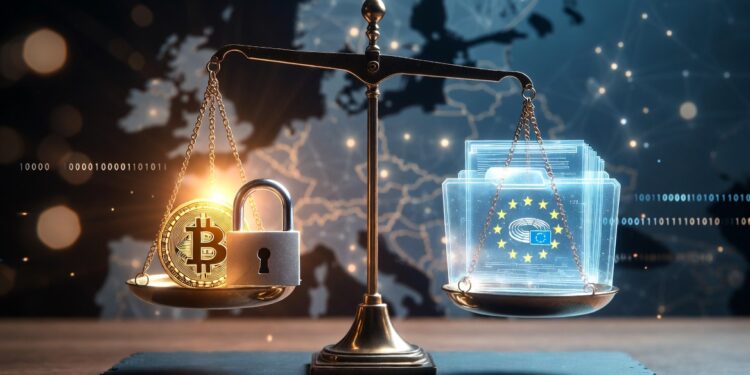 Ilustración conceptual de estilo realista y cinematográfico con una balanza moderna de la justicia sobre una mesa de pizarra oscura. En el platillo izquierdo, una moneda física dorada de Bitcoin brilla junto a un candado de metal detallado bajo una luz dorada y cálida.