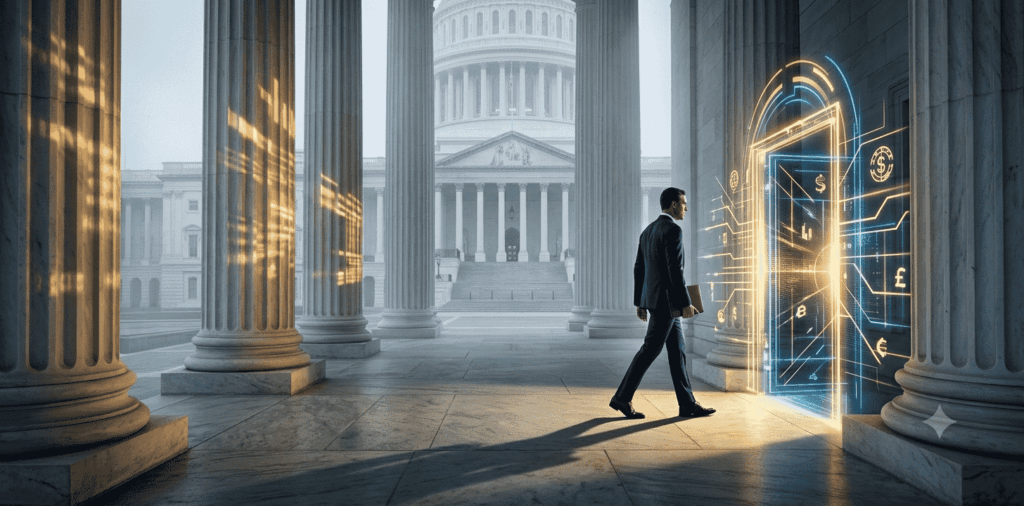 Imagen conceptual que muestra la fachada del Capitolio de Estados Unidos en Washington D.C. entre luces financieras. Un ejecutivo con traje camina de espaldas por las escalinatas, dejando atrás el edificio gubernamental para dirigirse hacia un umbral tecnológico iluminado, simbolizando el paso de la regulación pública al sector privado.