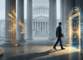 Imagen conceptual que muestra la fachada del Capitolio de Estados Unidos en Washington D.C. entre luces financieras. Un ejecutivo con traje camina de espaldas por las escalinatas, dejando atrás el edificio gubernamental para dirigirse hacia un umbral tecnológico iluminado, simbolizando el paso de la regulación pública al sector privado.