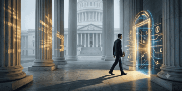 Imagen conceptual que muestra la fachada del Capitolio de Estados Unidos en Washington D.C. entre luces financieras. Un ejecutivo con traje camina de espaldas por las escalinatas, dejando atrás el edificio gubernamental para dirigirse hacia un umbral tecnológico iluminado, simbolizando el paso de la regulación pública al sector privado.
