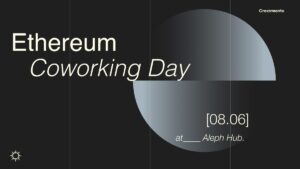 Ethereum Coworking Day en Aleph Hub, con diseño minimalista en tonos oscuros.