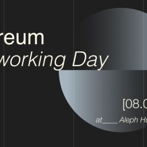 Ethereum Coworking Day en Aleph Hub, con diseño minimalista en tonos oscuros.
