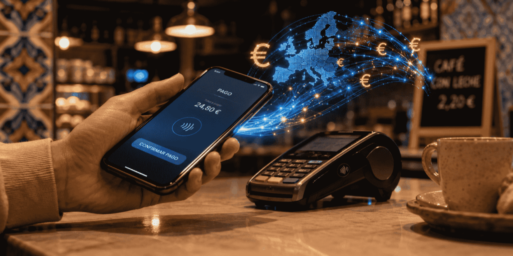 Primer plano de una mano sosteniendo un smartphone sobre un terminal de pago en una cafetería. De la pantalla del teléfono surge un sutil flujo de datos luminoso con el símbolo del euro, representando conceptualmente la integración del euro digital en las aplicaciones de pago móvil.