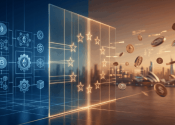 Composición conceptual fotorrealista dividida por un muro de cristal translúcido que brilla con el semicírculo de estrellas de la Unión Europea. En el lado izquierdo, bajo una iluminación azul fría e institucional, símbolos de criptomonedas y diagramas de red se organizan en estrictas cuadrículas geométricas, representando regulación y orden. En el lado derecho, bajo tonos cálidos ámbar y cobre, monedas digitales tridimensionales flotan de manera dinámica y libre hacia un horizonte urbano futurista, simbolizando la migración hacia mercados menos restrictivos. Contraste visual de alta calidad entre rigidez corporativa y expansión tecnológica.