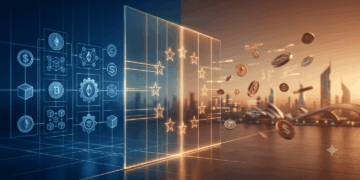 Composición conceptual fotorrealista dividida por un muro de cristal translúcido que brilla con el semicírculo de estrellas de la Unión Europea. En el lado izquierdo, bajo una iluminación azul fría e institucional, símbolos de criptomonedas y diagramas de red se organizan en estrictas cuadrículas geométricas, representando regulación y orden. En el lado derecho, bajo tonos cálidos ámbar y cobre, monedas digitales tridimensionales flotan de manera dinámica y libre hacia un horizonte urbano futurista, simbolizando la migración hacia mercados menos restrictivos. Contraste visual de alta calidad entre rigidez corporativa y expansión tecnológica.