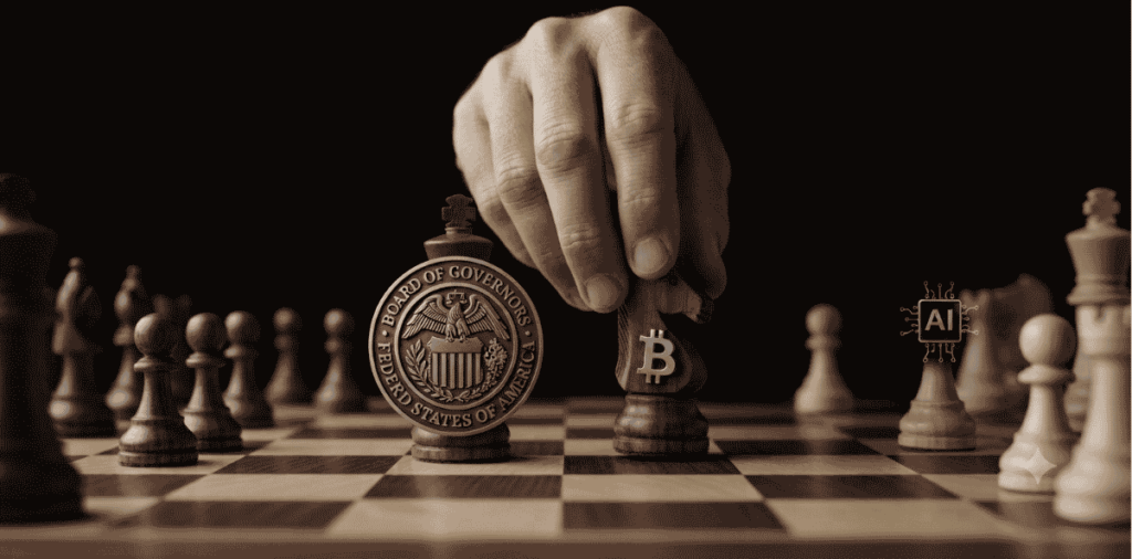 La FED moviendo piezas de ajedrez como metáfora.