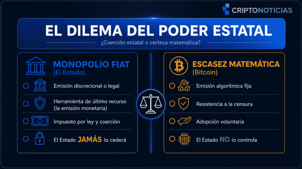 Infografía titulada "El dilema del poder estatal". Dividida en dos columnas. Izquierda: "Monopolio Fiat (El Estado)" con viñetas: emisión discrecional, herramienta de última ratio (emisión monetaria), impuesto por ley y coerción, y la frase "El Estado JAMÁS lo cederá" en rojo. Derecha: "Escasez Matemática (Bitcoin)" con viñetas: emisión algorítmica fija, resistencia a la censura, adopción voluntaria, y la frase "El Estado NO lo controla" en verde.