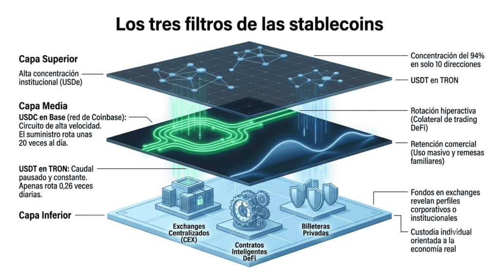 Infografía analítica titulada "Los tres filtros del dinero digital" que muestra tres capas de cristal holográficas superpuestas verticalmente en un espacio tridimensional. La capa superior ilustra la concentración del capital. La capa intermedia representa la velocidad de circulación mediante líneas de flujo dinámicas que comparan rotaciones de alta frecuencia con pulsos lentos comerciales. La capa inferior clasifica los destinos del capital en tres iconos.