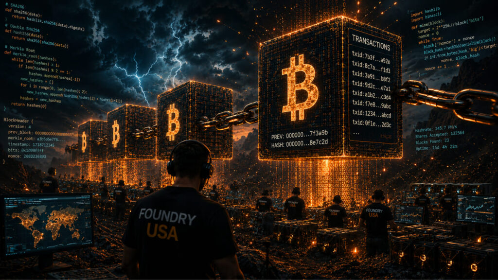 Mineros de Bitcoin procesando bloques de la red.
