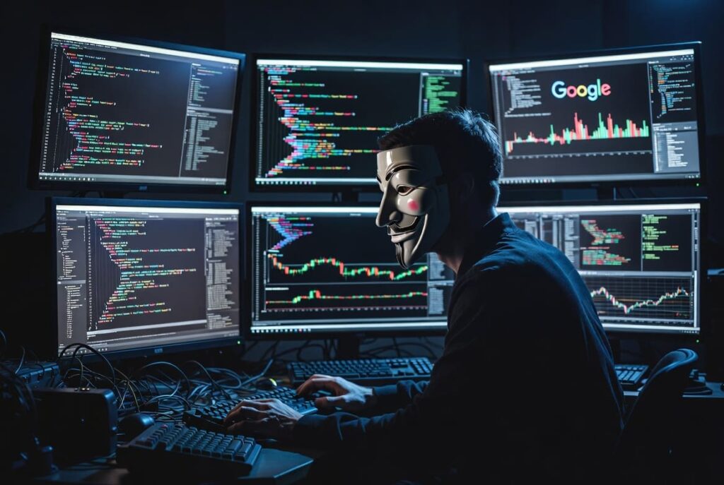 Un hacker operando con computadoras.