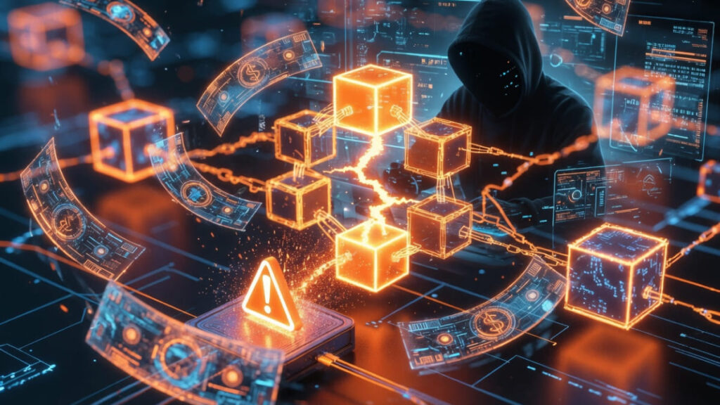 Una cadena de bloques con un hacker.