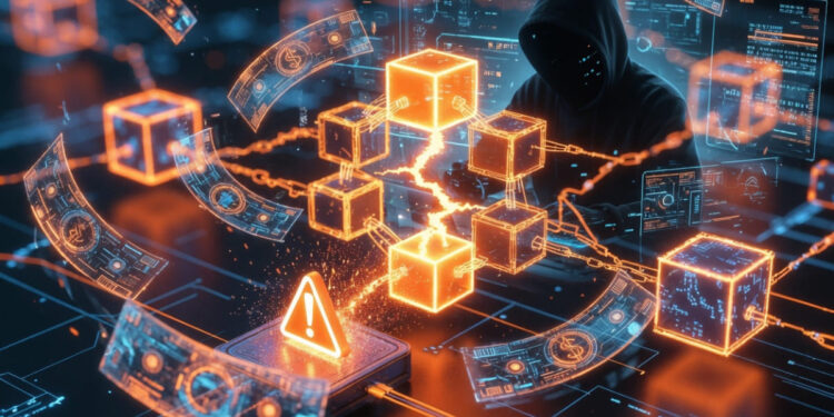 Una cadena de bloques con un hacker.