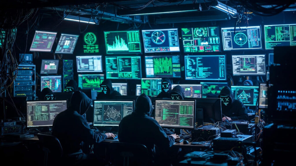 Hackers operando en un centro de computación clandestino.