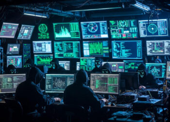 Hackers operando en un centro de computación clandestino.