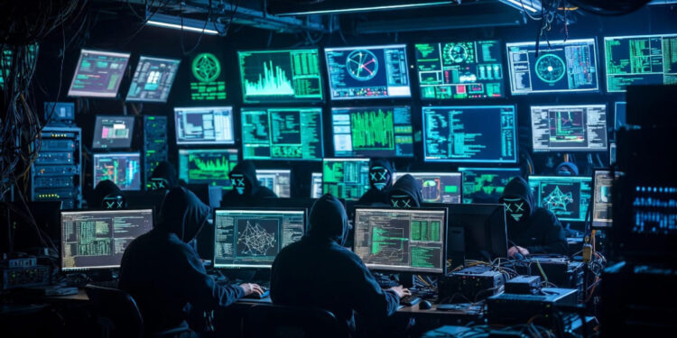 Hackers operando en un centro de computación clandestino.