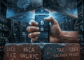 Imagen conceptual en primer plano de unas manos humanas sosteniendo un teléfono móvil con una aplicación de Bitcoin. Las manos están comprimidas a modo de prensa entre dos grandes bloques: el superior, de metal oscuro con circuitos azules brillantes que representan a las Big Tech; el inferior, de granito con grabados de normativas de la Unión Europea iluminados en ámbar. El fondo muestra luces difusas de servidores informáticos en un ambiente oscuro y tecnológico.
