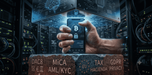 Imagen conceptual en primer plano de unas manos humanas sosteniendo un teléfono móvil con una aplicación de Bitcoin. Las manos están comprimidas a modo de prensa entre dos grandes bloques: el superior, de metal oscuro con circuitos azules brillantes que representan a las Big Tech; el inferior, de granito con grabados de normativas de la Unión Europea iluminados en ámbar. El fondo muestra luces difusas de servidores informáticos en un ambiente oscuro y tecnológico.