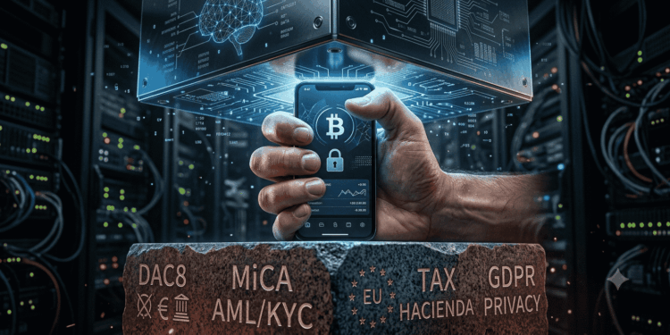 Imagen conceptual en primer plano de unas manos humanas sosteniendo un teléfono móvil con una aplicación de Bitcoin. Las manos están comprimidas a modo de prensa entre dos grandes bloques: el superior, de metal oscuro con circuitos azules brillantes que representan a las Big Tech; el inferior, de granito con grabados de normativas de la Unión Europea iluminados en ámbar. El fondo muestra luces difusas de servidores informáticos en un ambiente oscuro y tecnológico.