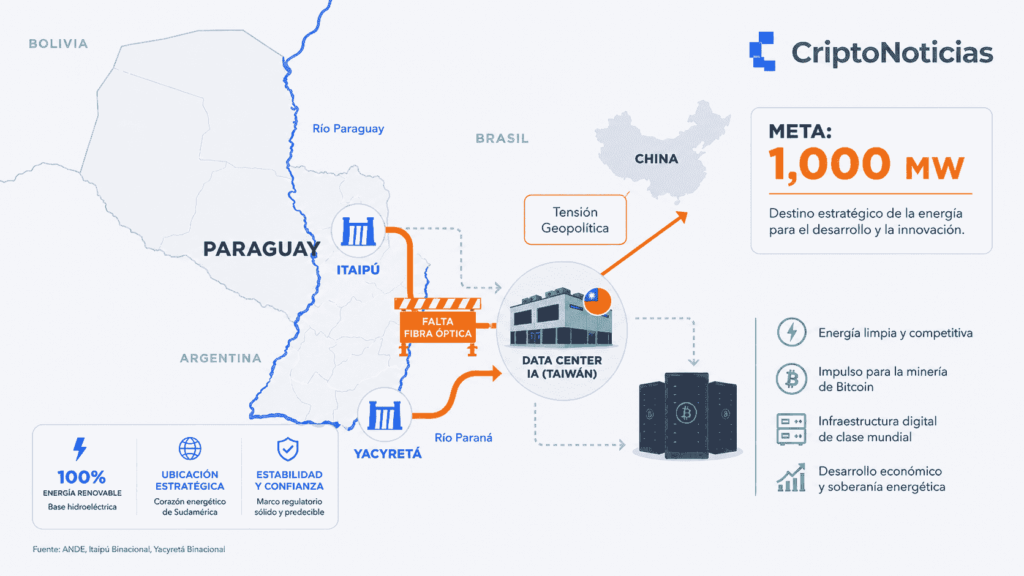 Infografía sobre fondo gris claro que muestra el mapa estilizado de Paraguay con el logotipo de CriptoNoticias en la esquina superior derecha. Una flecha ámbar orientada hacia el proyecto de un centro de datos de inteligencia artificial aparece bloqueada por una barrera roja con la inscripción "Falta Fibra Óptica" en letras gruesas. Desde la misma zona, una delgada flecha roja apunta hacia el exterior cruzando la frontera en dirección a China, acompañada por un recuadro con el texto "Tensión Geopolítica".
