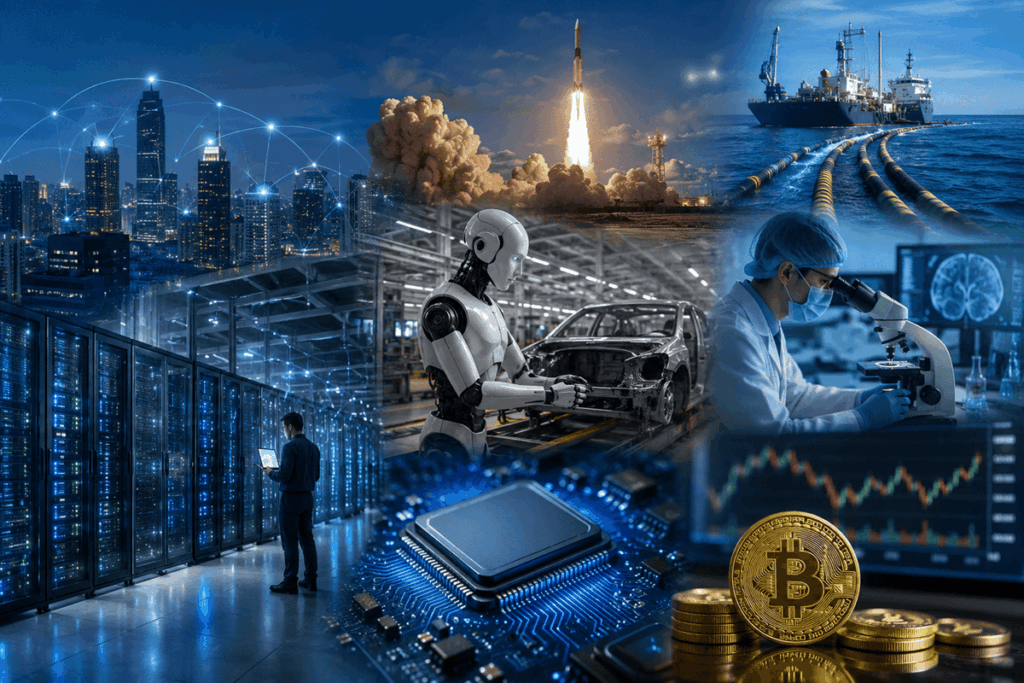 Ilustración realista que representa la convergencia entre inteligencia artificial, centros de datos, robótica, chips, bitcoin, biotecnología e infraestructura tecnológica,