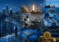Ilustración realista que representa la convergencia entre inteligencia artificial, centros de datos, robótica, chips, bitcoin, biotecnología e infraestructura tecnológica,