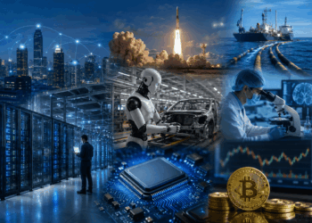 Ilustración realista que representa la convergencia entre inteligencia artificial, centros de datos, robótica, chips, bitcoin, biotecnología e infraestructura tecnológica,