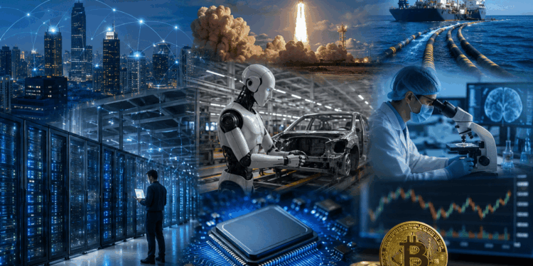 Ilustración realista que representa la convergencia entre inteligencia artificial, centros de datos, robótica, chips, bitcoin, biotecnología e infraestructura tecnológica,
