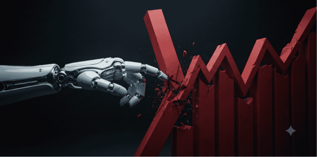 Un robot chocando con unos gráficos en rojo.
