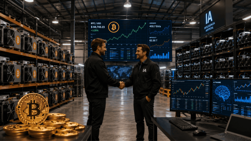 Un galpón con equipos ASIC para minar Bitcoin y con racks de GPU para el cómputo de la IA.