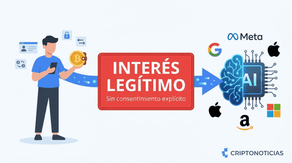 Ilustración de una persona con una cartera de criptomonedas conectada a un ícono de IA a través de un letrero que dice "Interés Legítimo", con logos de Big Tech alrededor del sistema de IA.