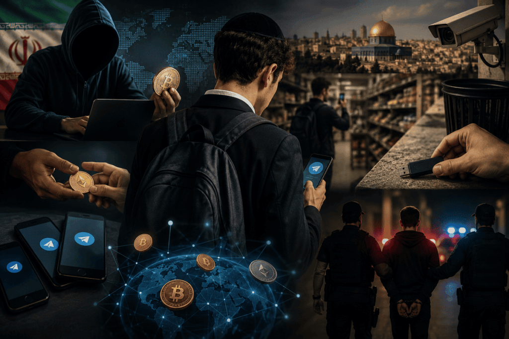 Collage realista de un joven con un teléfono móvil, monedas de criptomonedas, un agente encapuchado, cámaras de vigilancia y policías realizando un arresto.