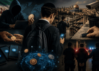 Collage realista de un joven con un teléfono móvil, monedas de criptomonedas, un agente encapuchado, cámaras de vigilancia y policías realizando un arresto.