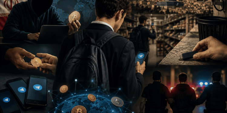 Collage realista de un joven con un teléfono móvil, monedas de criptomonedas, un agente encapuchado, cámaras de vigilancia y policías realizando un arresto.