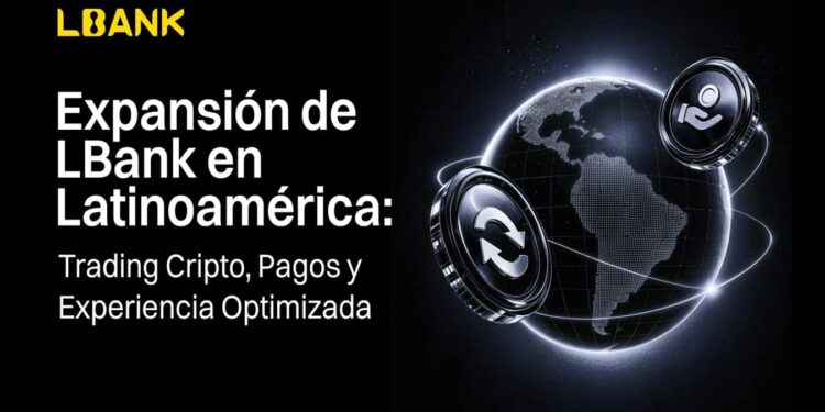 Pancarta de color negro con letras blancas promoviendo la expansion de LBank en Latinoamerica.