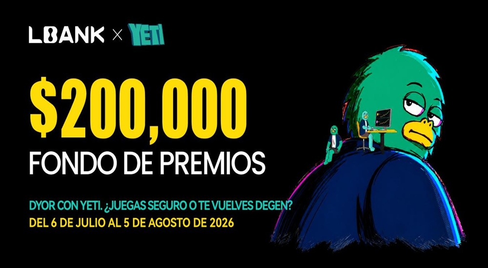 Pancarta fondo negro promoviendo la asociación de LBank con Yeti