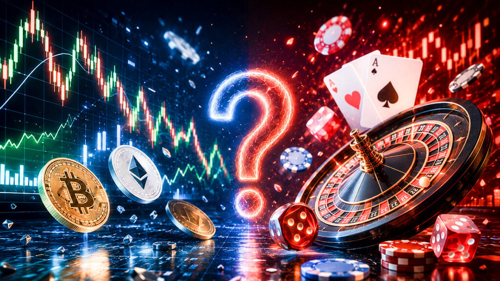 Imagen que ilustra la incertidumbre que podría traer la volatilidad de las criptomonedas a los casinos online. Un signo de pregunta en el centro, partiendo en dos, de un lado gráficos de vela, volatilidad y criptomonedas, del otro una ruleta, cartas de póker, dados y fichas de casino