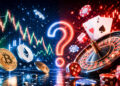 Imagen que ilustra la incertidumbre que podría traer la volatilidad de las criptomonedas a los casinos online. Un signo de pregunta en el centro, partiendo en dos, de un lado gráficos de vela, volatilidad y criptomonedas, del otro una ruleta, cartas de póker, dados y fichas de casino