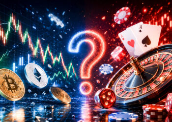 Imagen que ilustra la incertidumbre que podría traer la volatilidad de las criptomonedas a los casinos online. Un signo de pregunta en el centro, partiendo en dos, de un lado gráficos de vela, volatilidad y criptomonedas, del otro una ruleta, cartas de póker, dados y fichas de casino