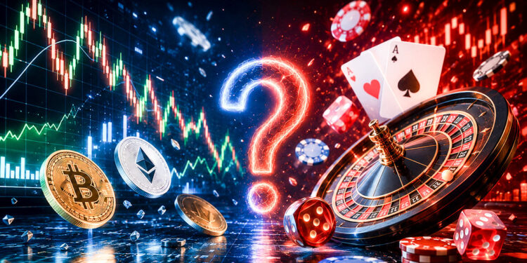 Imagen que ilustra la incertidumbre que podría traer la volatilidad de las criptomonedas a los casinos online. Un signo de pregunta en el centro, partiendo en dos, de un lado gráficos de vela, volatilidad y criptomonedas, del otro una ruleta, cartas de póker, dados y fichas de casino