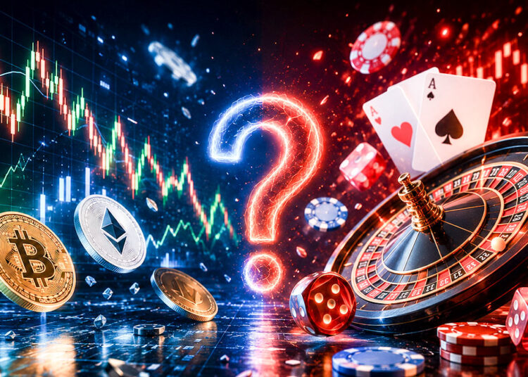 Imagen que ilustra la incertidumbre que podría traer la volatilidad de las criptomonedas a los casinos online. Un signo de pregunta en el centro, partiendo en dos, de un lado gráficos de vela, volatilidad y criptomonedas, del otro una ruleta, cartas de póker, dados y fichas de casino