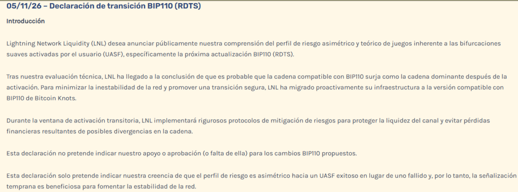 Texto de un anuncio de la empresa LNL sobre la propuesta BIP-110 en Bitcoin.